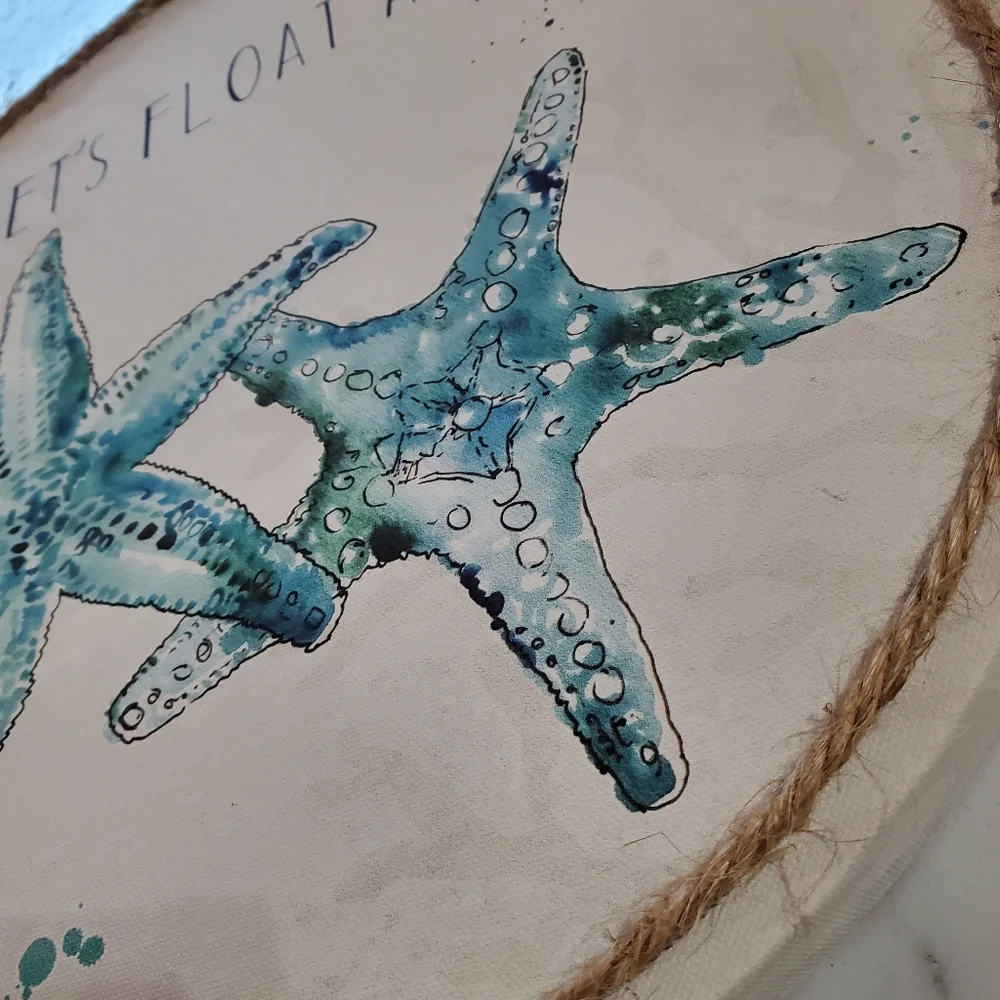Lets Float Away Starfish & Sea Turtle Round Canvas Wall Decor